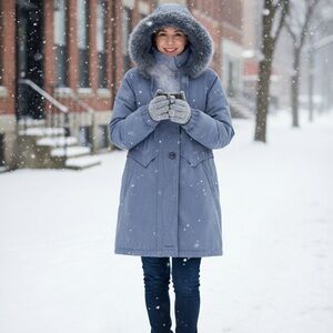 Y2K VINTAGE NUAGE Women's Powder Blue Snow Jacket with Fox Fur Trim Size S